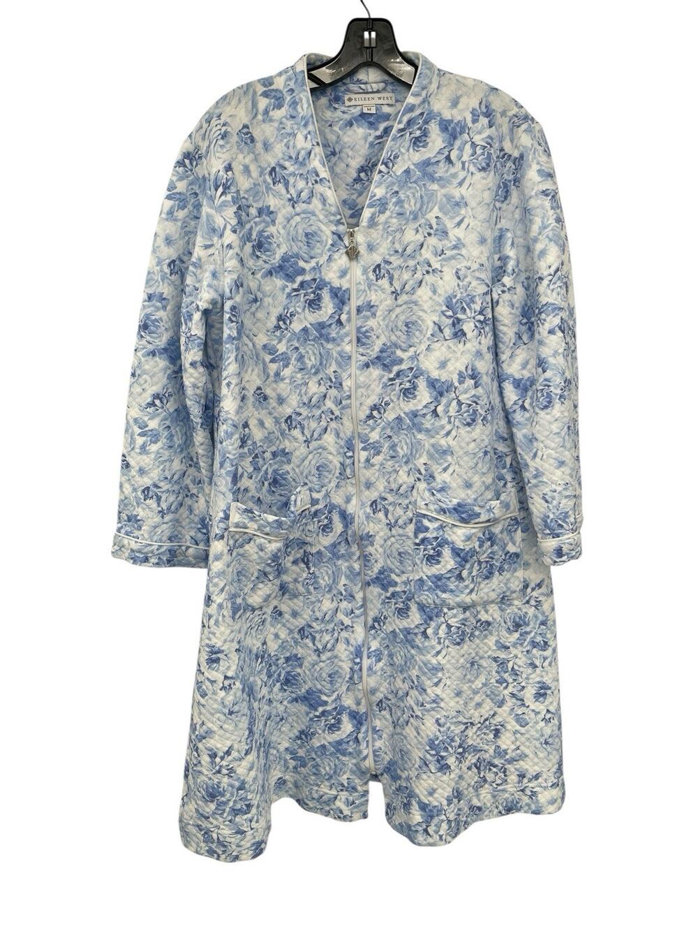 Eileen West Robe Rustic Rose Diamond Quilt Full Zip Blue White Size Medium